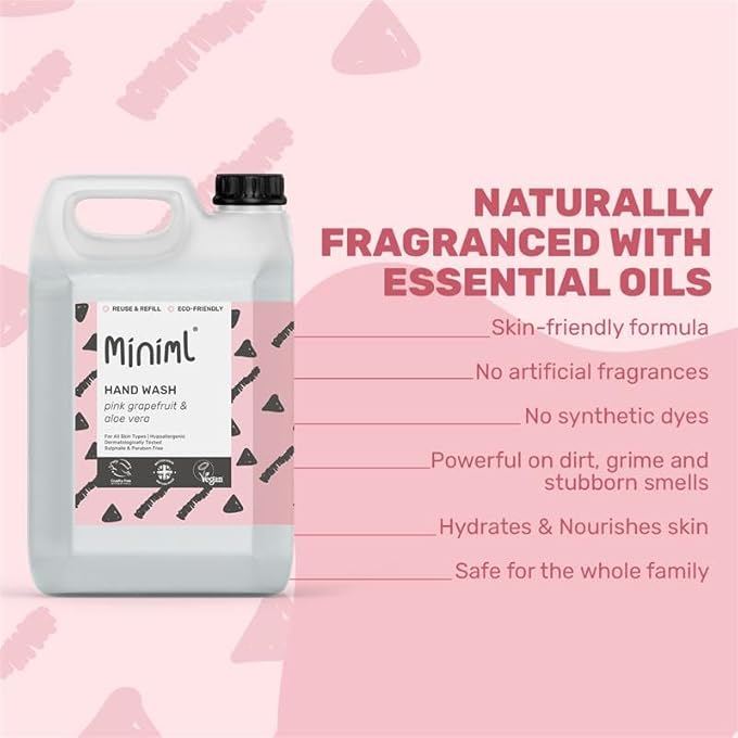 Miniml HAND WASH LIQUID 5L REFILL, PINK GRAPEFRUIT & ALOE VERA FRAGRANT ECO-FRIENDLY HAND WASH LIQUID FOR SOFT AND SENSITIVE SKIN CARE, 100% VEGAN - Image 2